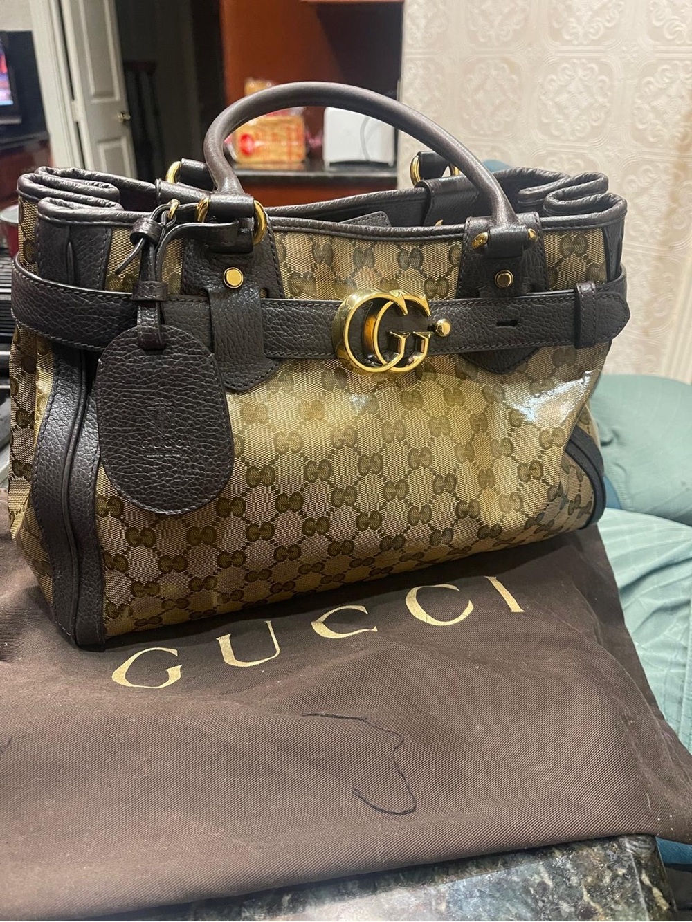 Authentic Gucci Brown GG Satchel with Dark Brown Leather and Gold Hardware